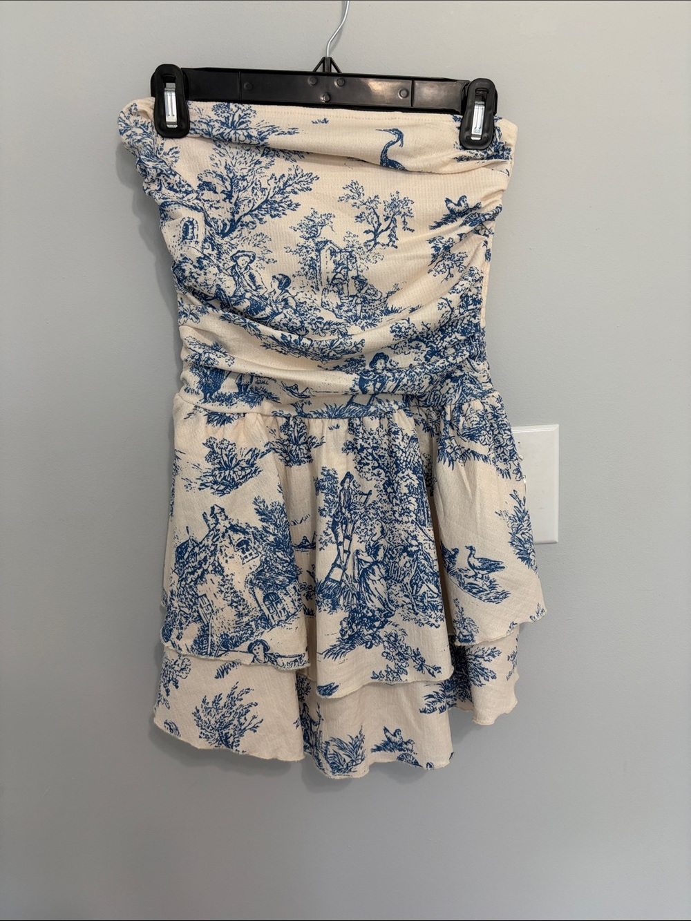 Strapless Cream and Blue Printed Tiered Dress